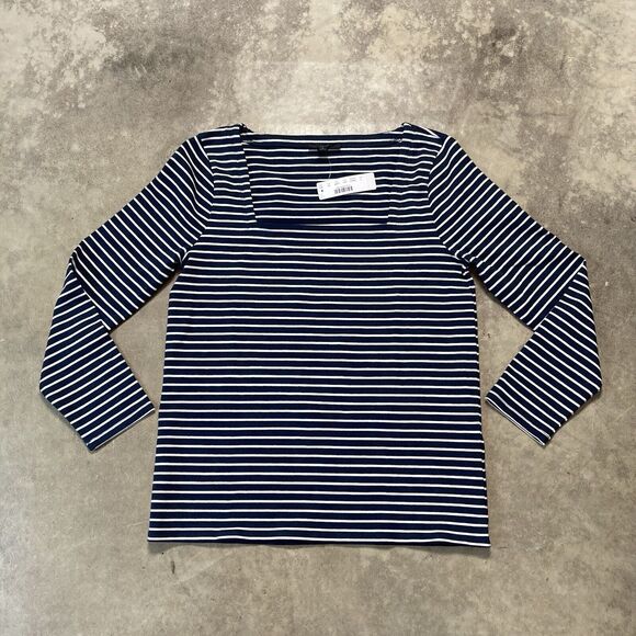 J.Crew Shirt‎ Womens Small Navy Blue Striped Square Neck Cotton Blend Basic - Picture 1 of 8